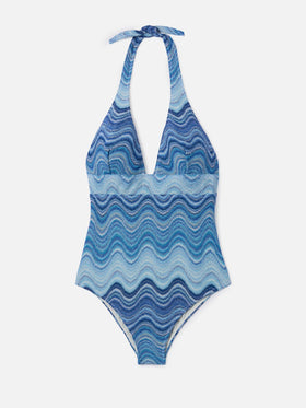 Marylin one-piece swimsuit in light blue degradé raschel fabric
