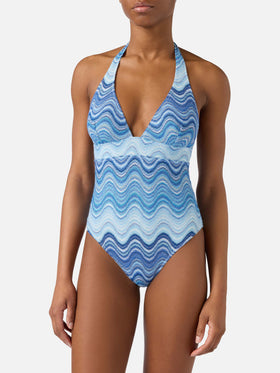 Marylin one-piece swimsuit in light blue degradé raschel fabric