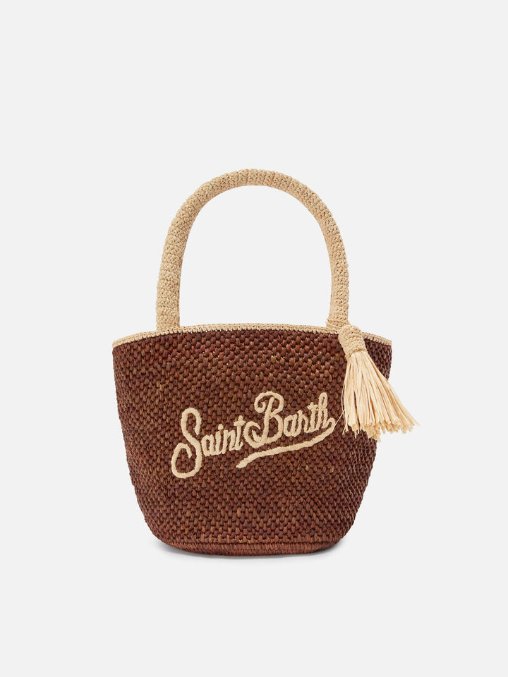Borsa Marcy in raffia marrone con nappetta e logo ricamato
