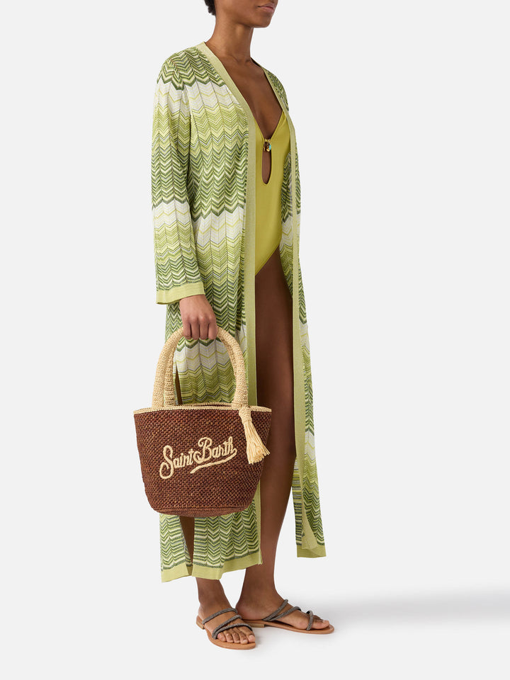 Borsa Marcy in raffia marrone con nappetta e logo ricamato