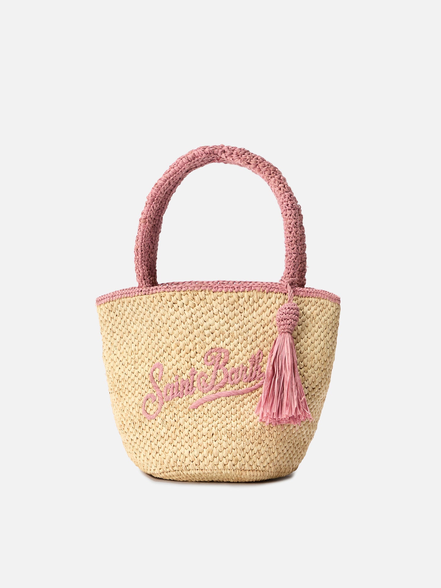 Bolso mediano de rafia Marcy con detalles rosas y logo bordado 