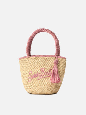 Bolso mediano de rafia Marcy con detalles rosas y logo bordado 