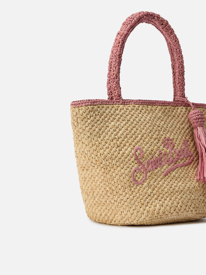 Marcy medium raffia bag with pink details and embroidered logo