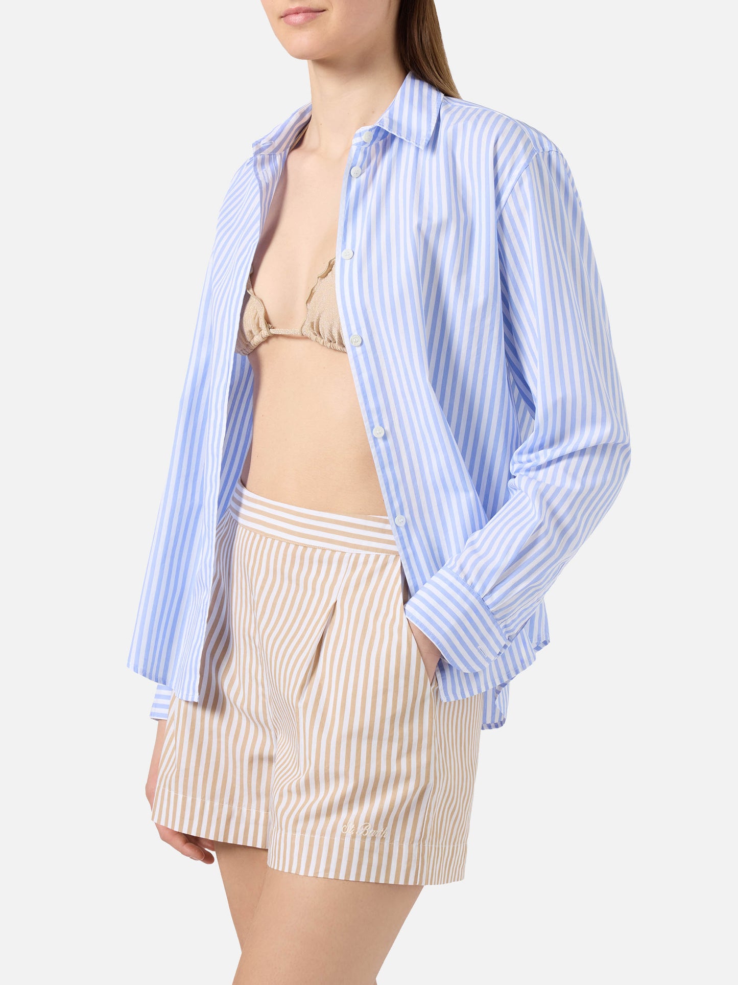Meredith cotton shirt with blue stripes and Saint Barth embroidery