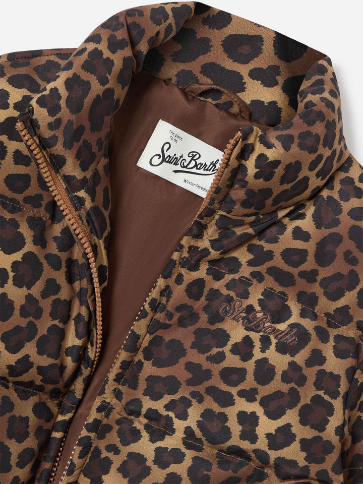 Piumino Maddy marrone in tessuto teddy con motivo leopardo