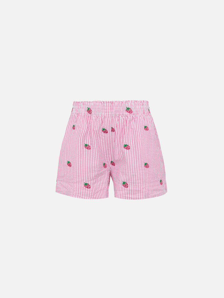Shorts Meave Jr in seersucker di cotone con ricamo fragola