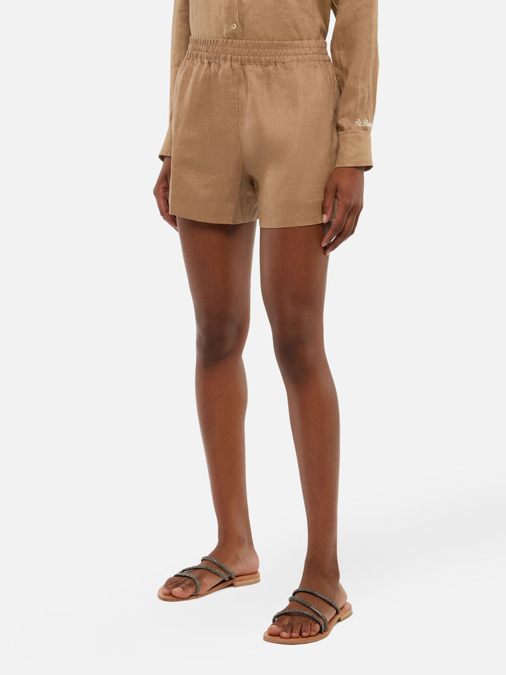 Meave camel brown linen pull up shorts