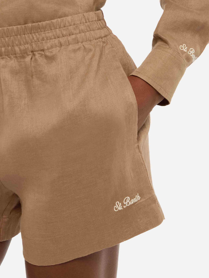 Meave camel brown linen pull up shorts