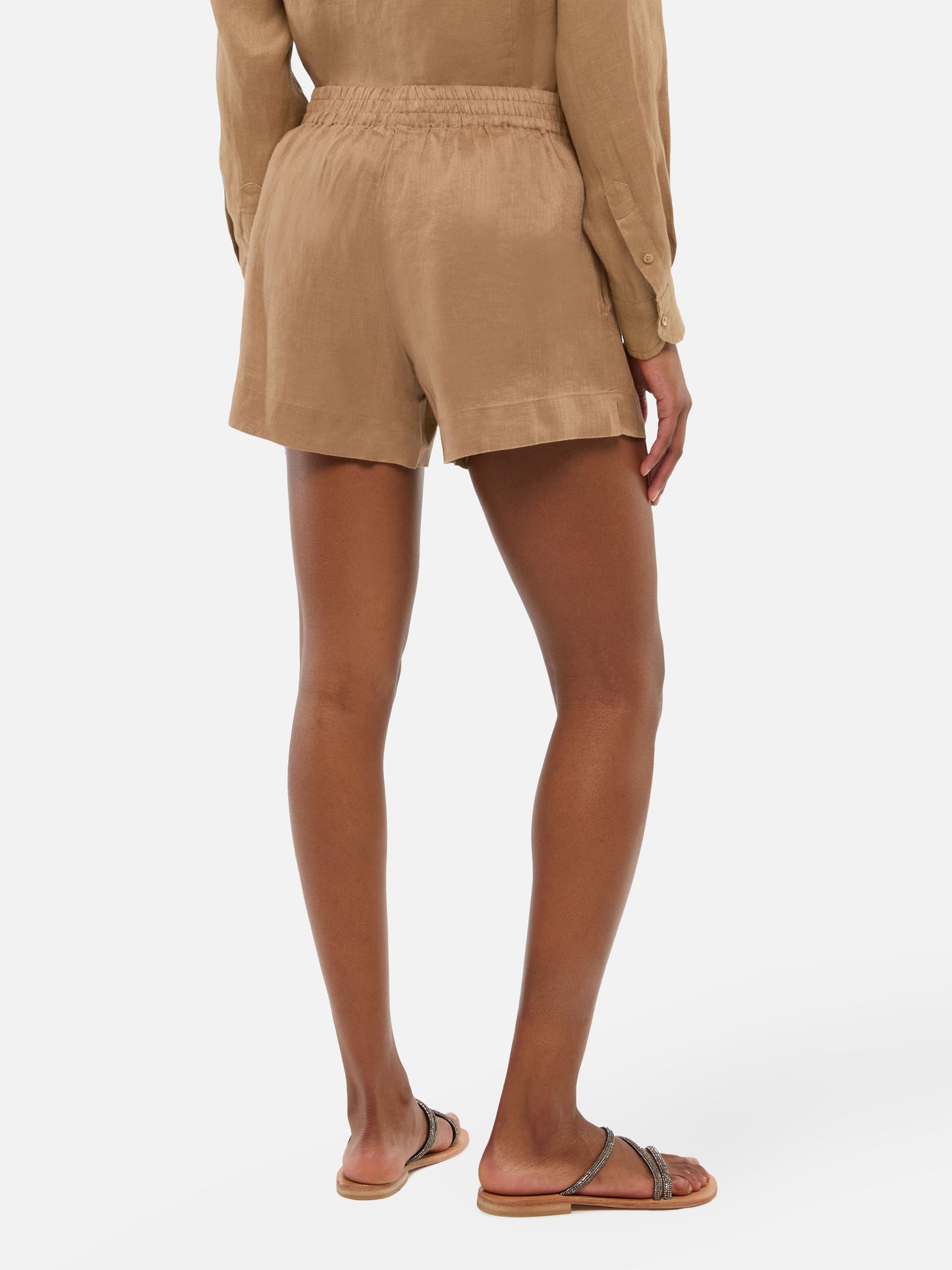 Meave camel brown linen pull up shorts