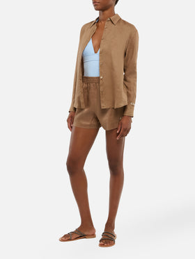 Meave camel brown linen pull up shorts