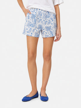 Woman paisley linen pull up shorts Meave