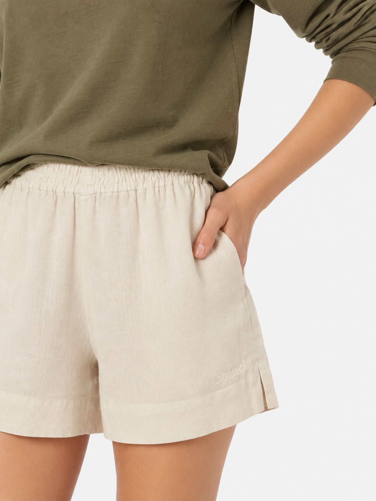 Meave cream linen pull up shorts