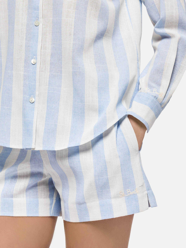 Meave linen pull up shorts with light blue striped print