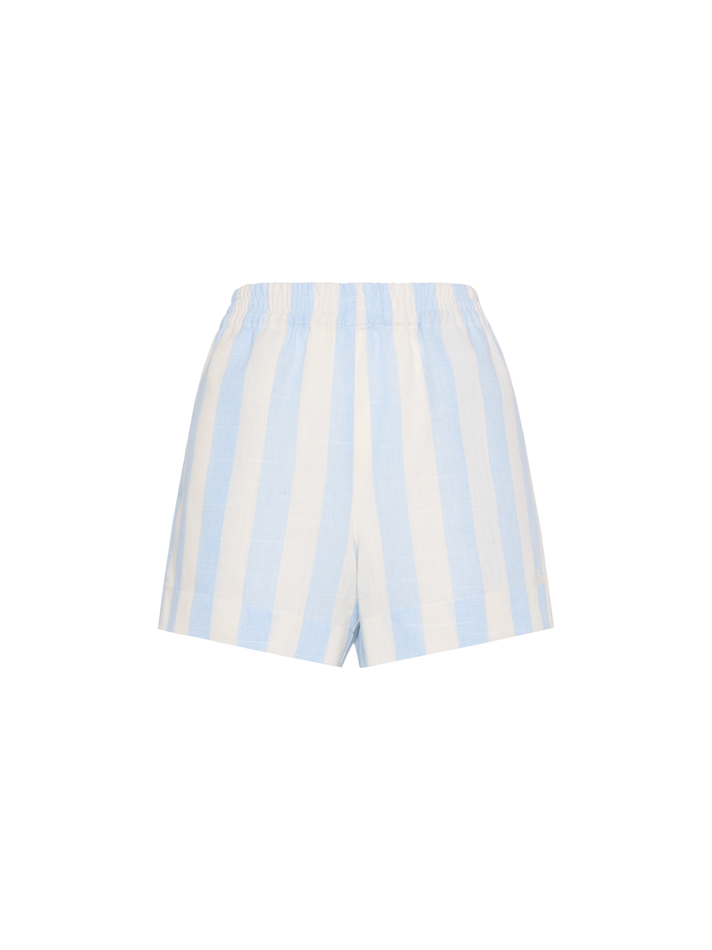 Meave shorts pull up in lino con stampa a righe azzurre