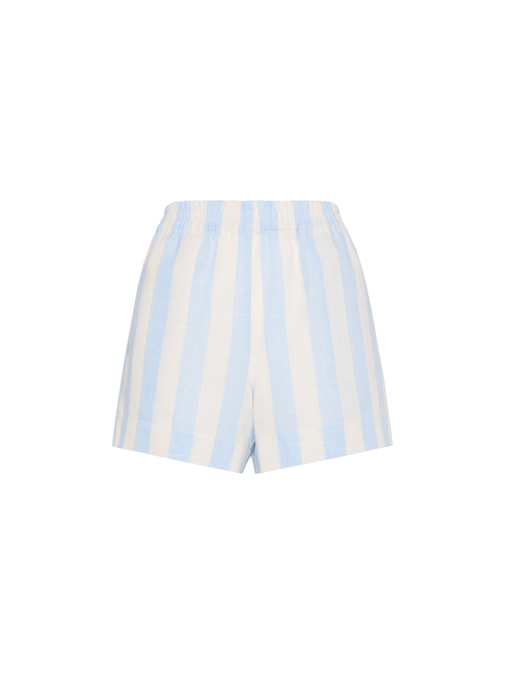 Meave shorts pull up in lino con stampa a righe azzurre