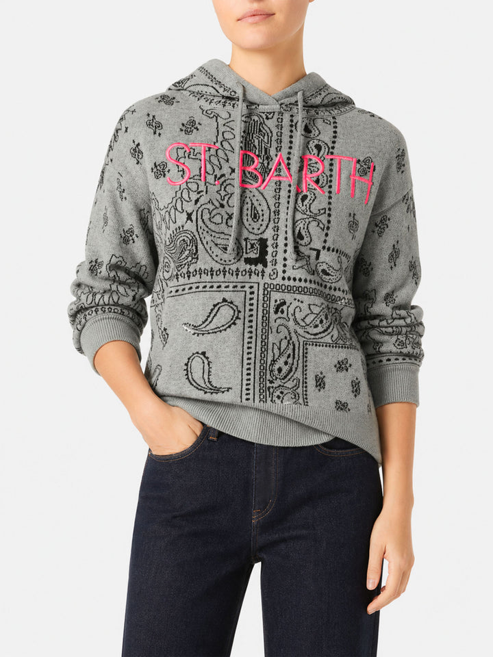 Sweat à capuche court Grey Meg en cachemire mélangé avec imprimé bandana 