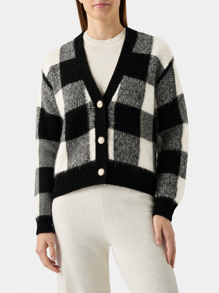 Megeve kurzer Cardigan in Schwarz-Weiß-Vichy mit Schmuckknöpfen 