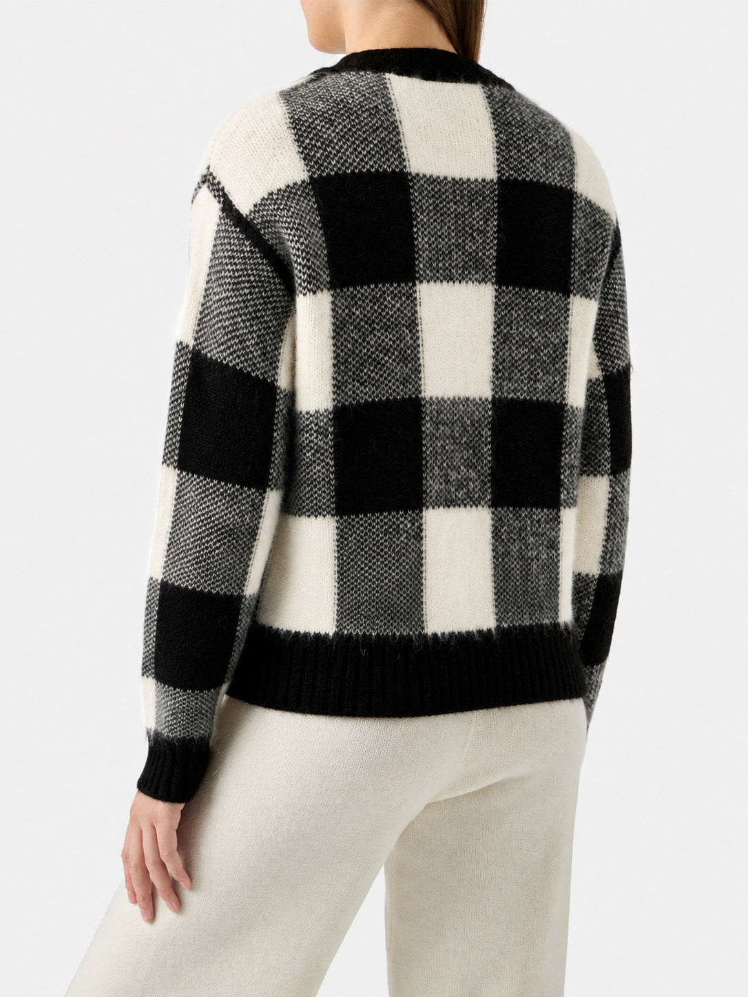 Megeve black and white vichy short cardigan with jewel buttons