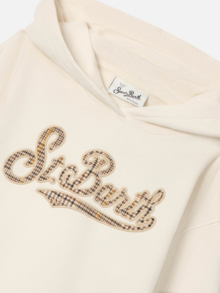 Sweat à capuche Mindy en mélange de coton coloris crème avec insert en tartan St. Barth 