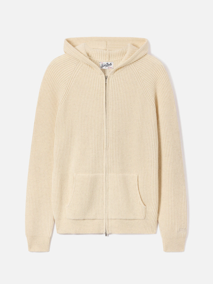 Punto con capucha Malcolm de lana beige con cremallera completa 