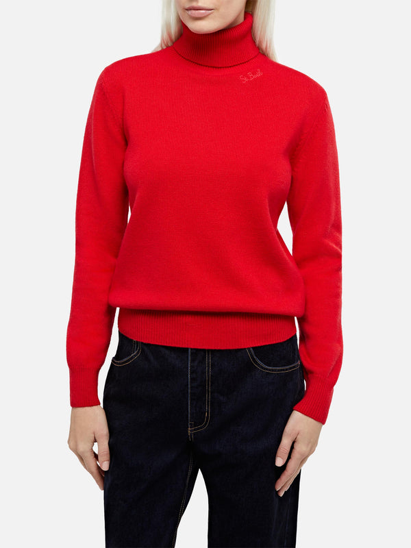 Woman red cashmere blend turtleneck sweater Moody