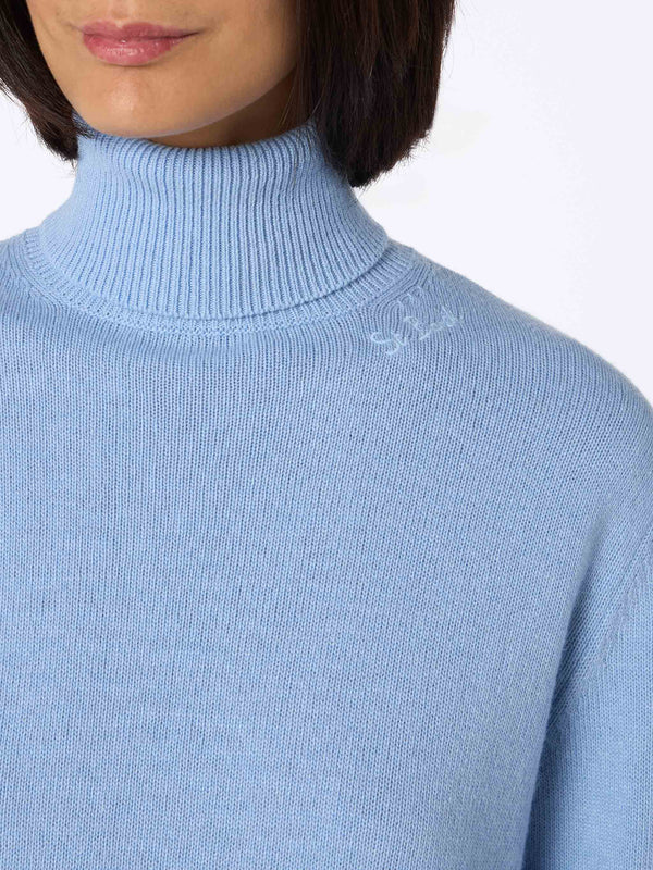 Woman light blue cashmere blend turtleneck sweater Moody