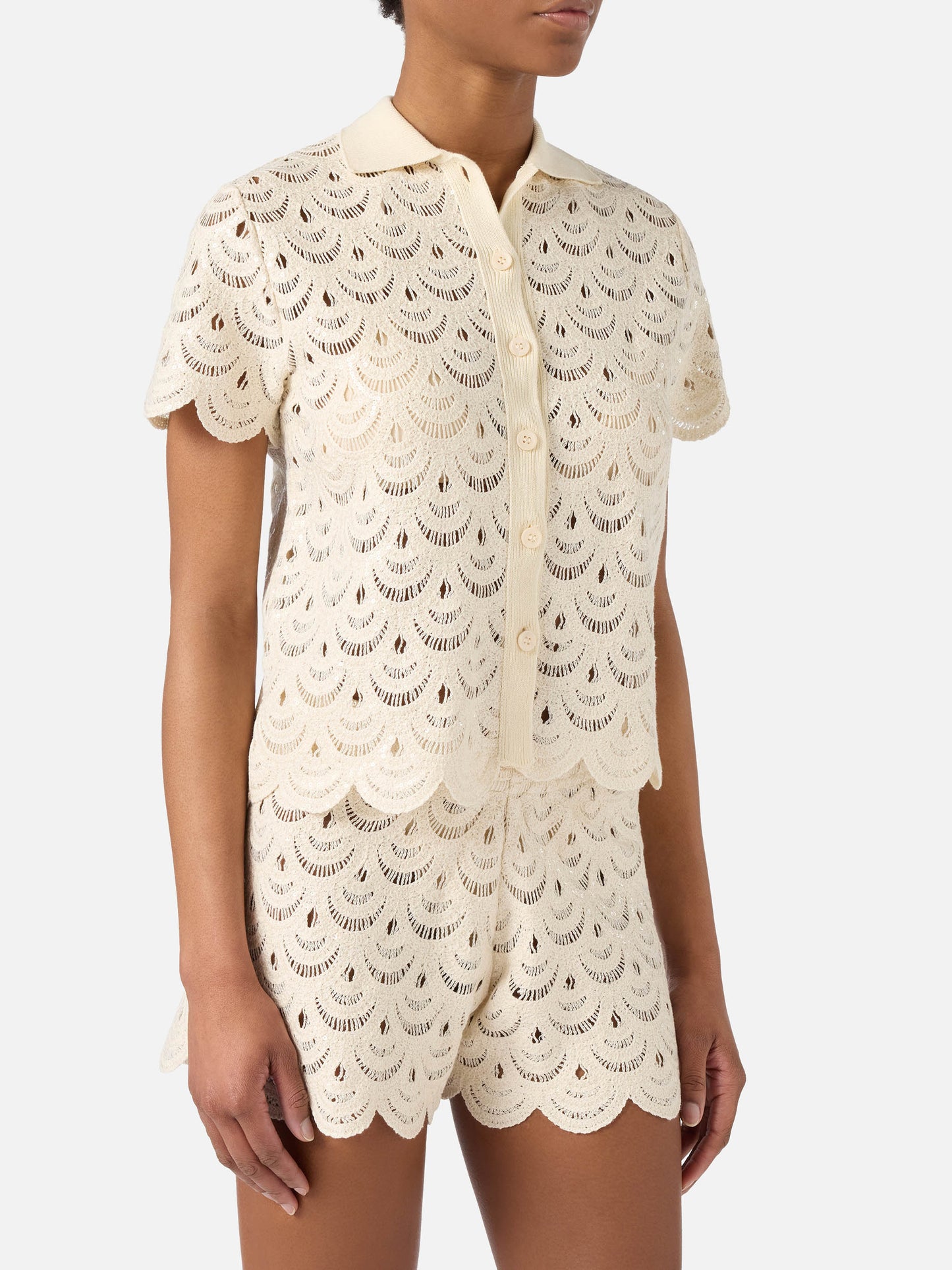 Meave crochet-effect cotton knit polo with sequins