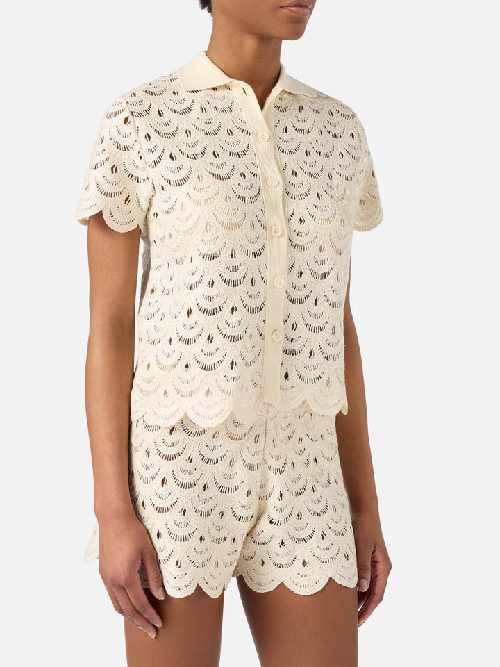 Meave crochet-effect cotton knit polo with sequins