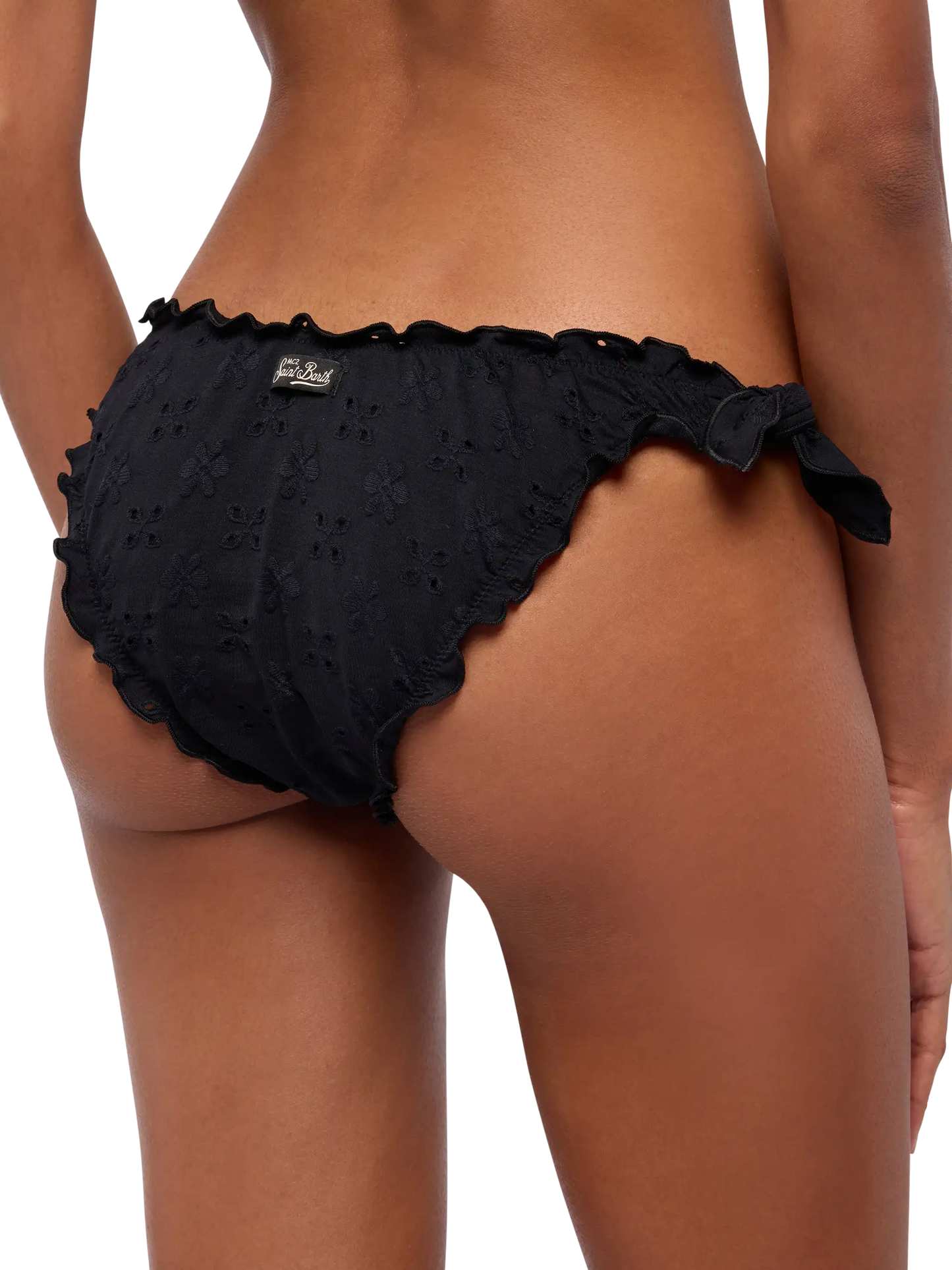 Klassische Badehose aus schwarzer Sangallo-Spitze „Moon“ – Klassisches Triangel-Top aus schwarzer Sangallo-Spitze „Sagittarius“