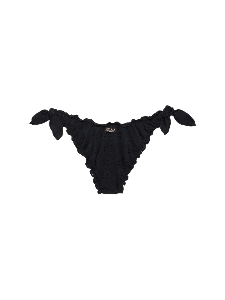 Klassische Badehose aus schwarzer Sangallo-Spitze „Moon“ – Klassisches Triangel-Top aus schwarzer Sangallo-Spitze „Sagittarius“