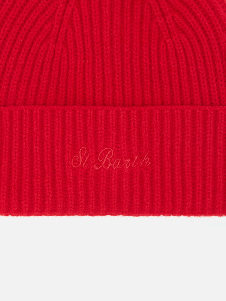 Moss Beanie in red ribbed knit with St. Barth embroidery