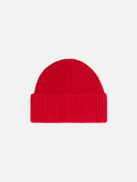 Moss Beanie in red ribbed knit with St. Barth embroidery