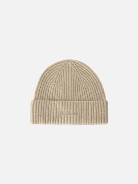 Gorro beanie de lana Beige Moss con bordado del logo 