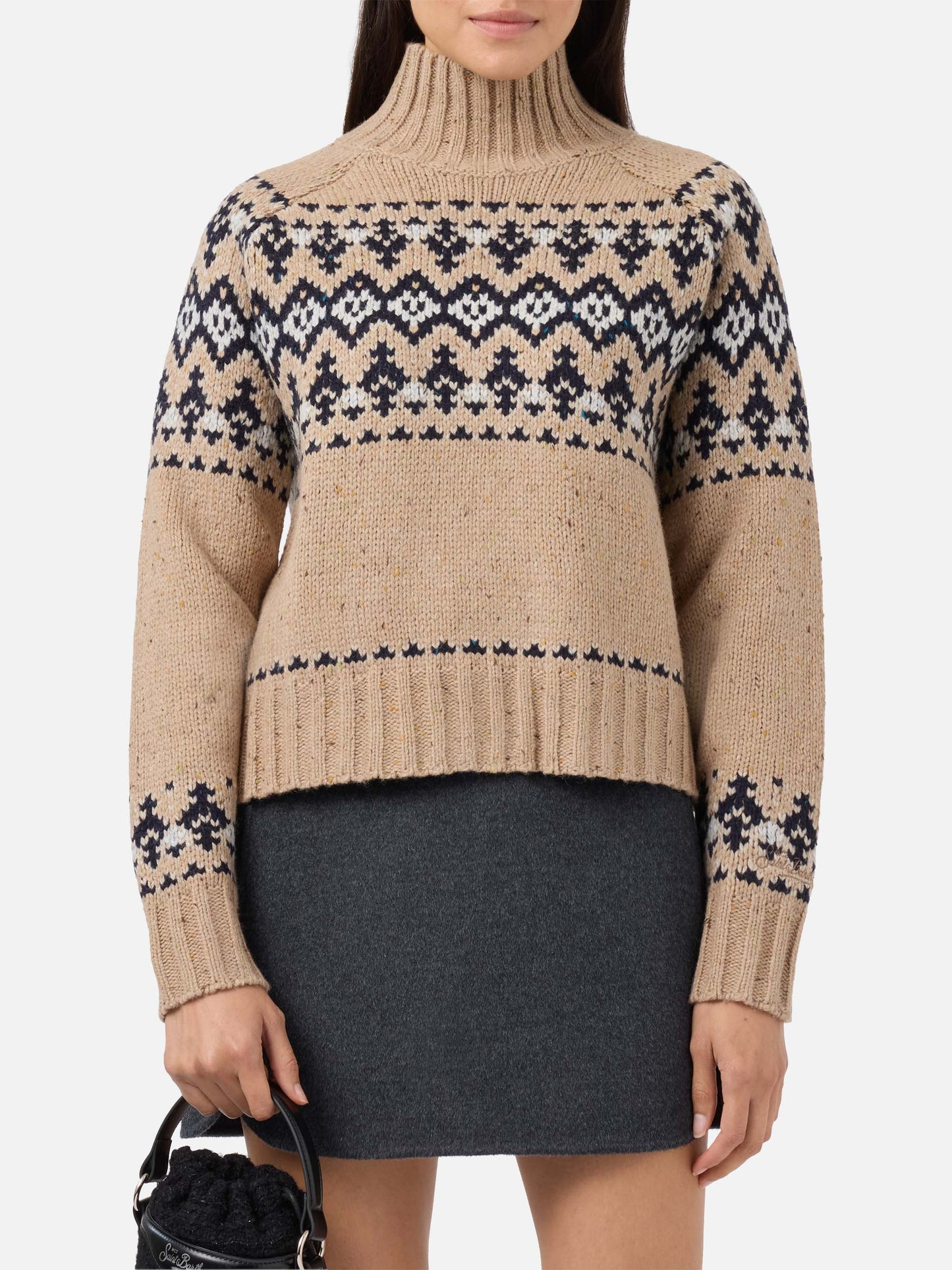 Maglione Myra donegal in misto lana beige con jacquard fair isle
