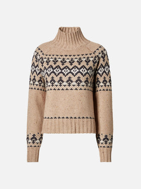 Maglione Myra donegal in misto lana beige con jacquard fair isle