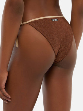 Marielle Vrown klassischer Lurex-Badeslip mit goldener Paspelierung - Leah braunes Lurex-Triangel-Top mit goldener Paspelierung