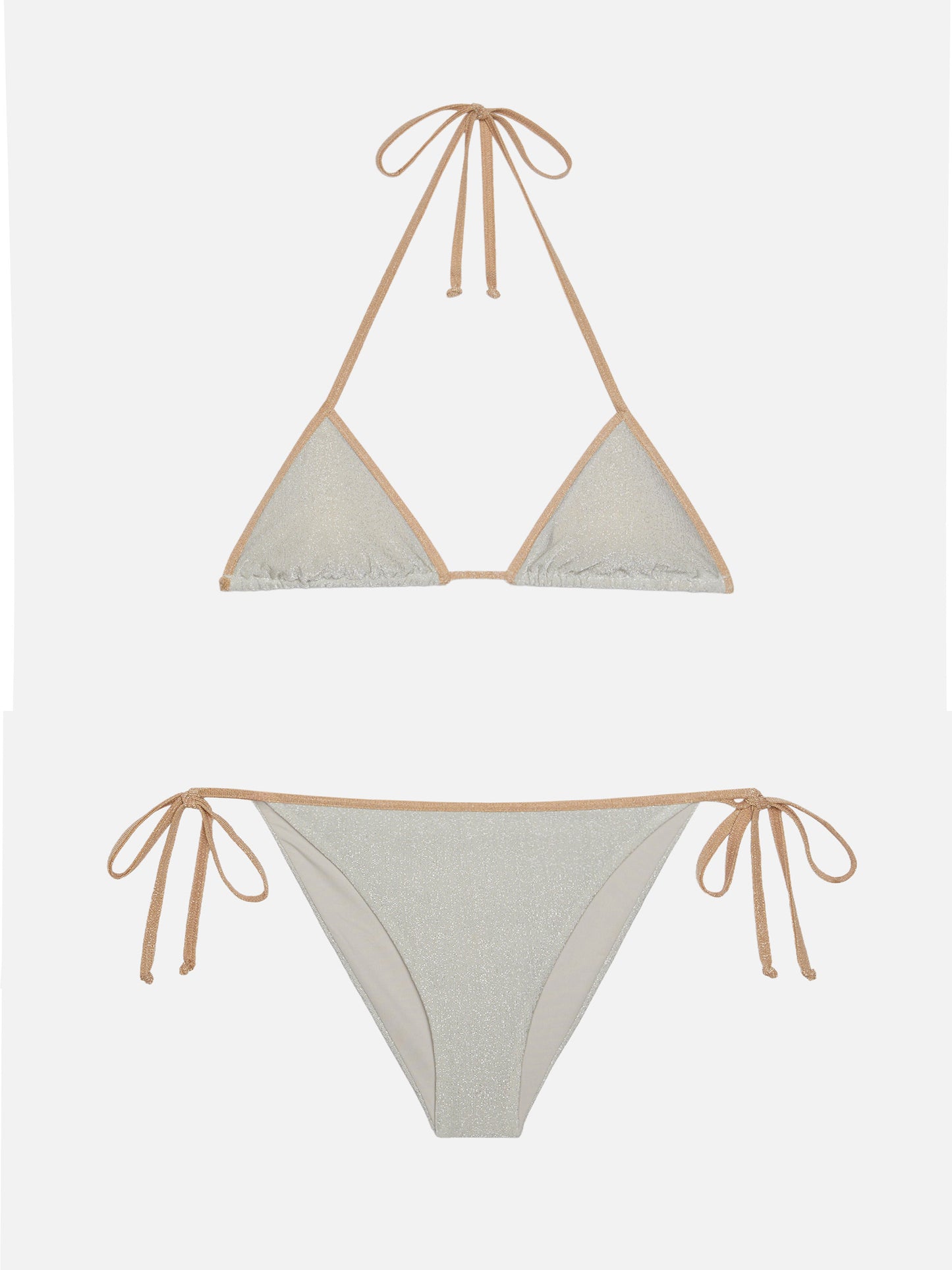 Klassische Badehose „Marielle“ aus silbernem Lurex mit goldener Paspelierung – Triangel-Top „Leah“ aus silbernem Lurex mit goldener Paspelierung