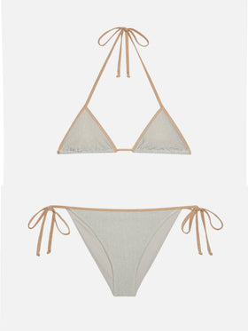 Klassische Badehose „Marielle“ aus silbernem Lurex mit goldener Paspelierung – Triangel-Top „Leah“ aus silbernem Lurex mit goldener Paspelierung