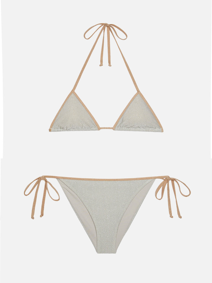 Marielle silver lurex classic swim briefs with gold piping - Leah silver lurex triangle top with gold piping