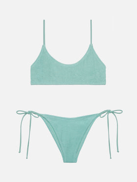 Klassische Crinkle-Badehose „Marielle“ aus Lurex in Salbeigrün – Bralette-Oberteil „Judy“ aus Lurex in Crinkle-Optik in Salbeigrün