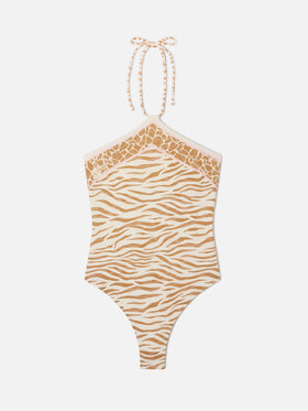 Meryem one-piece swimsuit with brown zebra animal print