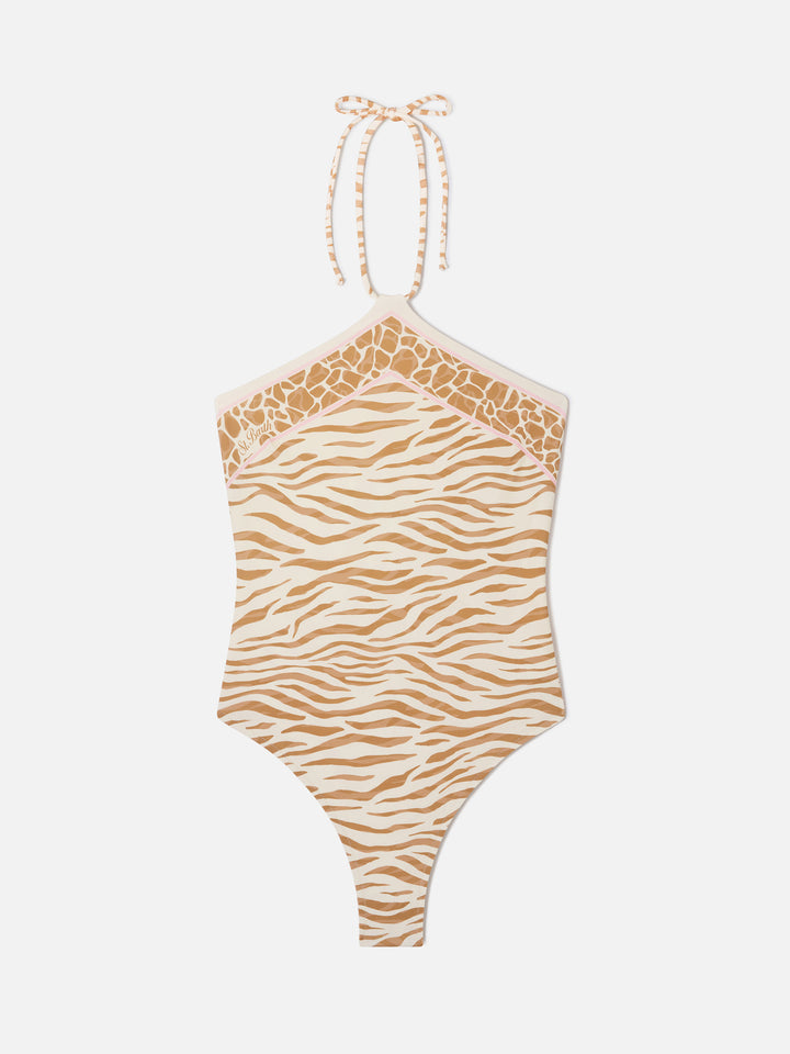 Maillot de bain une pièce Meryem avec imprimé animalier zèbre marron 