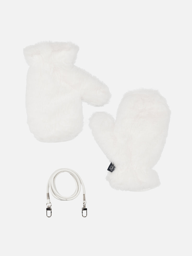 Woman white furry mittens Muffy