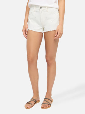 Shorts in denim bianco con applicazioni di strass Musa