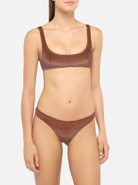 Naima top a bralette classico in velluto marrone cammello - Naomi slip mare cheeky in velluto marrone cammello