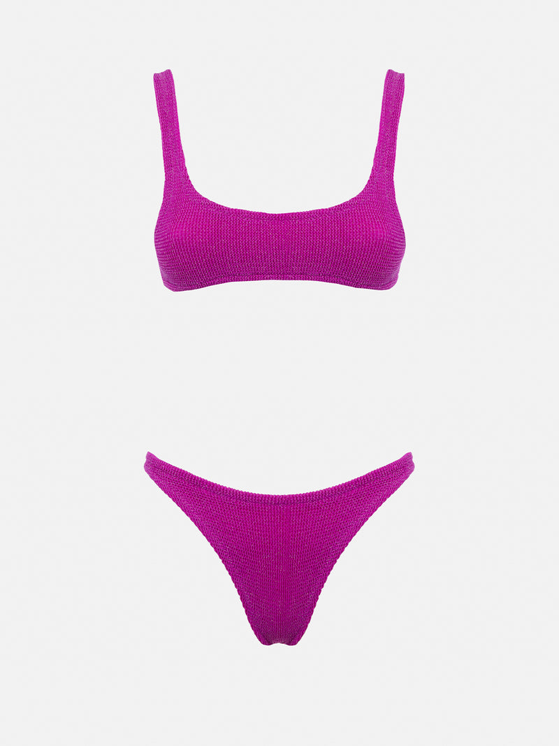 Bikini da donna classico a bralette crinkle fucsia con filato di lurex