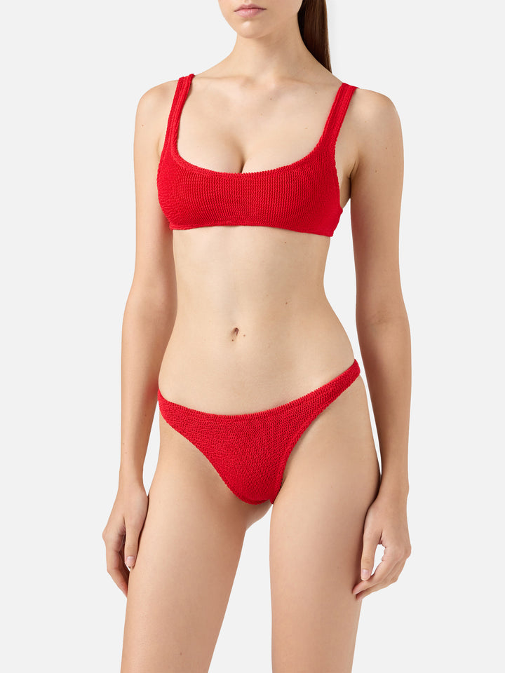 Naomi, roter Crinkle-Badeslip, frech – Naima, rotes Crinkle-Bralette-Oberteil, klassisch