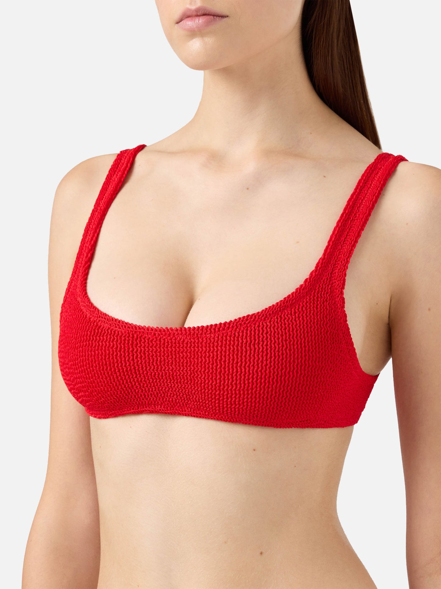 Naomi, roter Crinkle-Badeslip, frech – Naima, rotes Crinkle-Bralette-Oberteil, klassisch