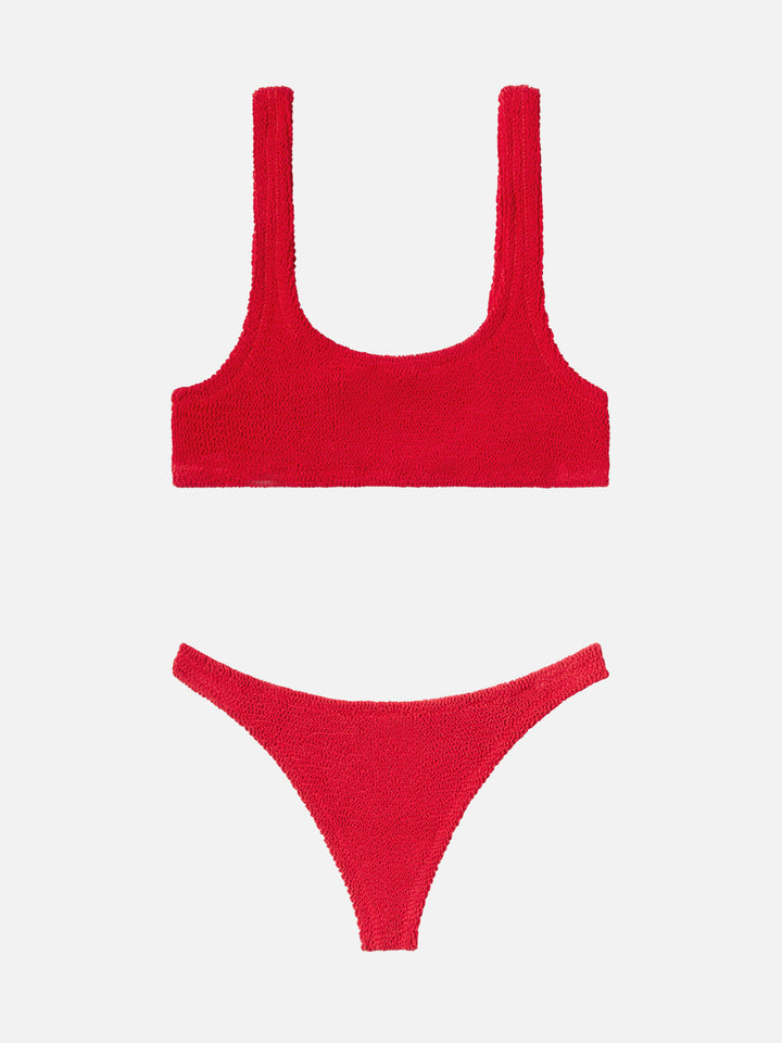 Naomi, roter Crinkle-Badeslip, frech – Naima, rotes Crinkle-Bralette-Oberteil, klassisch
