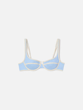 Amira String balconette bikini top in light blue with white trims